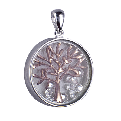 P898CZ - Sterling Silver 17mm Glass Enclosed PHGP Tree of Life with Floating Czs